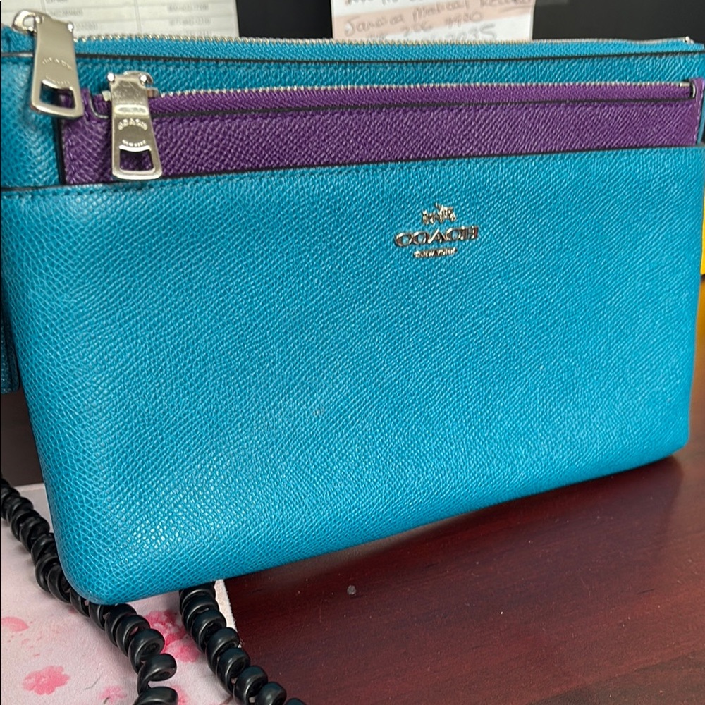 Coach Blue and Purple Saffiano Leather Clutch